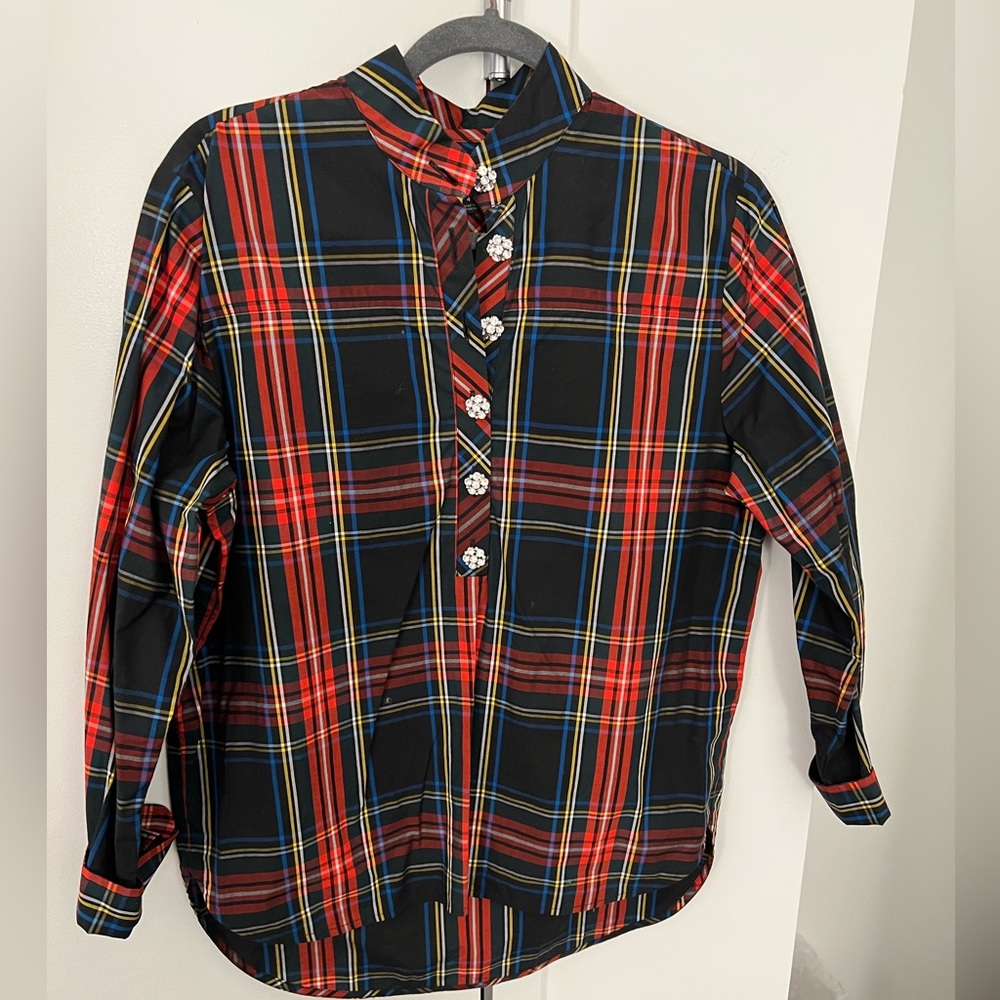 J crew plaid button down top with crystal button detail. Size 4.